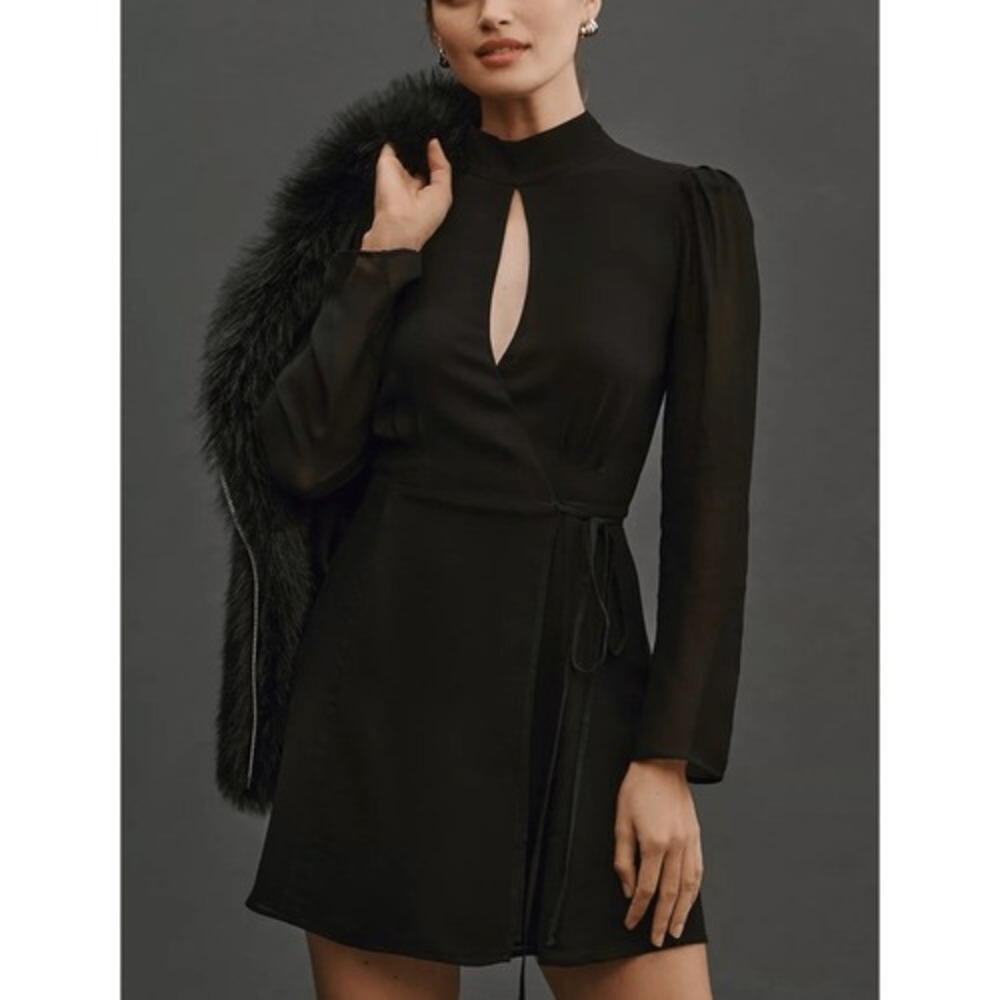 NEW Reformation Ottessa Mini Dress Size XS Black Wrap Long Sleeve - Picture 2 of 10